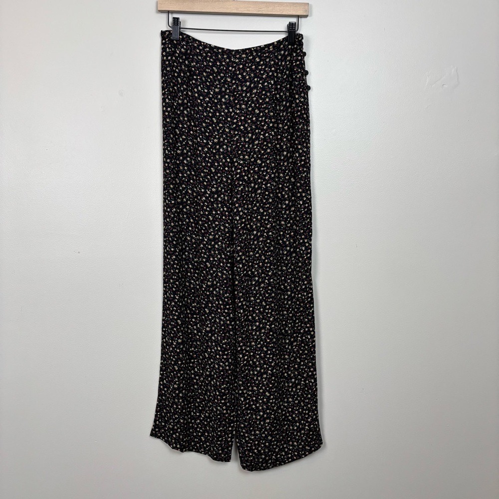 Vtg Metropolitan New York Pants Womens Lg‎ Black Dainty Floral Wide Leg Pull On